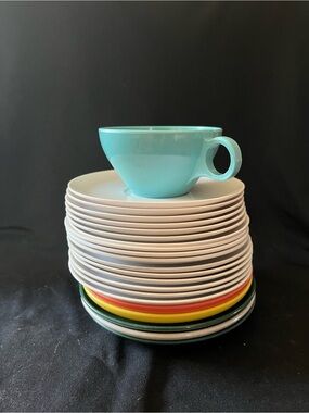 MELMAC.  Teacup and several small plates. Aztec, Melamine, Prolon, Colorflyte